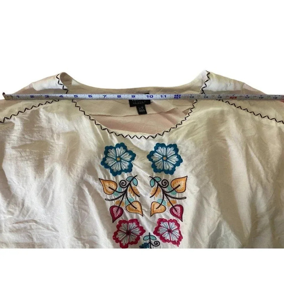 Embroidered Floral Peasant Blouse Top NICOLE Miller Sz Large White Silk/Cotton - Picture 14 of 16
